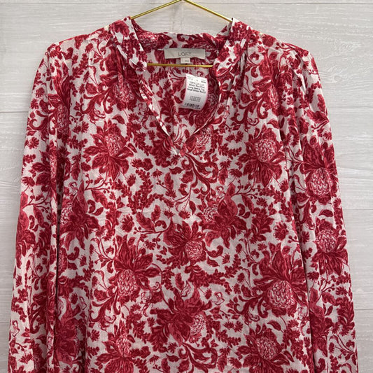 Loft White/ Red Print Long Sleeve Top Small