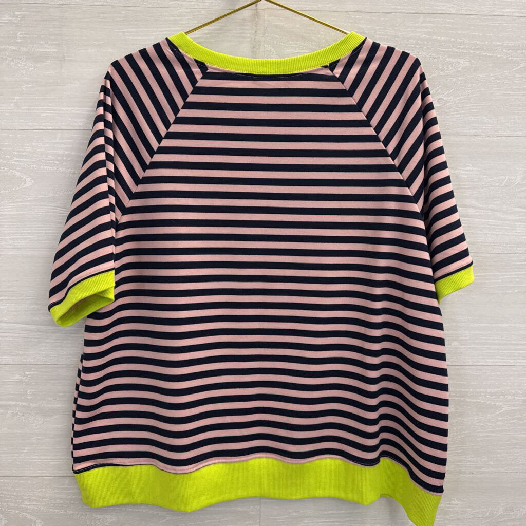Dokotoo Pink/ Navy/ Lime Trim Striped Short Sleeve Boxy Top Medium