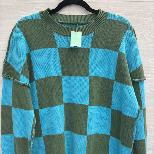 Blue/ Green Knit Checkered Print Sweater Top Medium