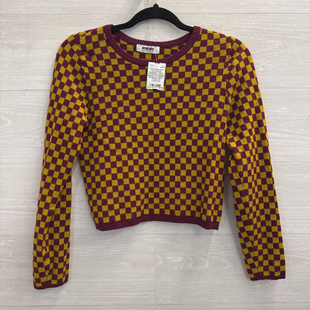 Day Dreamer Burgundy/ Yellow Checkered Cropped Sweater Top Medium