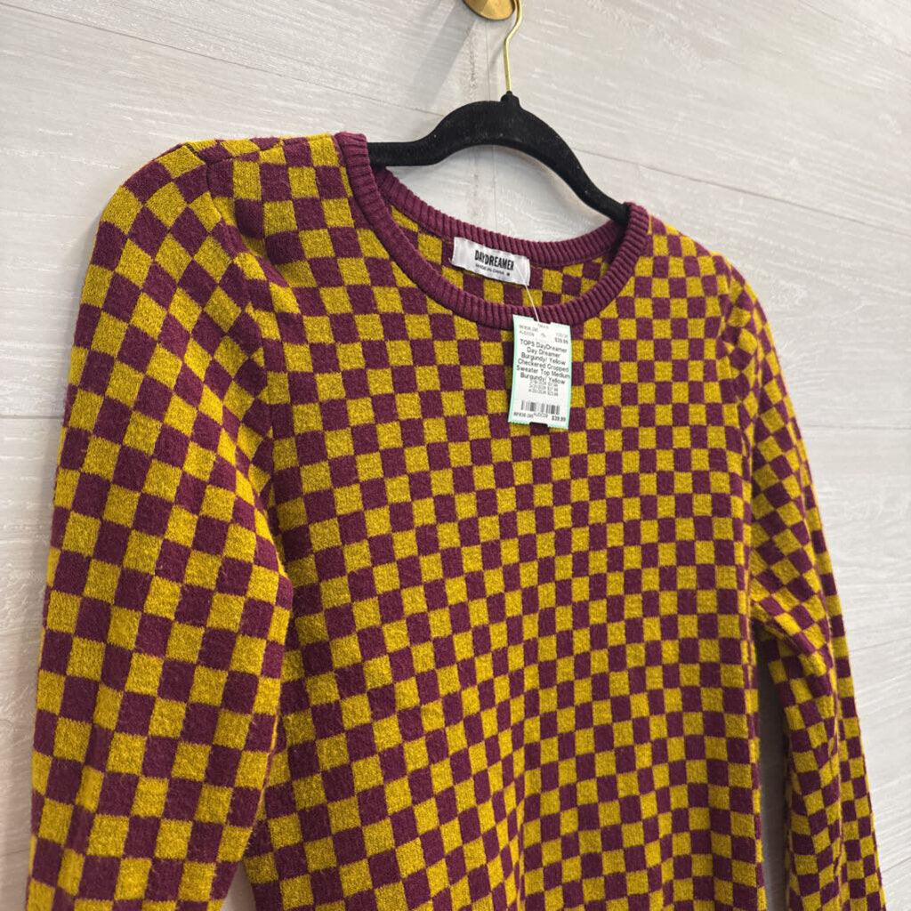 Day Dreamer Burgundy/ Yellow Checkered Cropped Sweater Top Medium