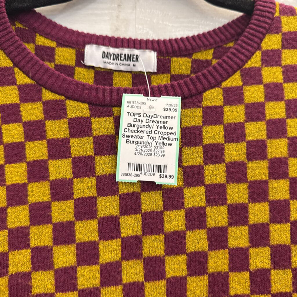 Day Dreamer Burgundy/ Yellow Checkered Cropped Sweater Top Medium