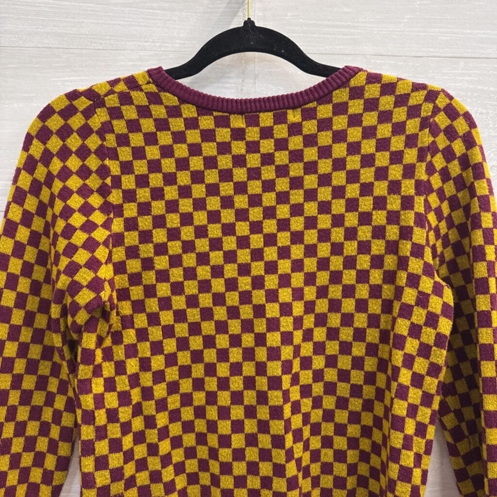 Day Dreamer Burgundy/ Yellow Checkered Cropped Sweater Top Medium