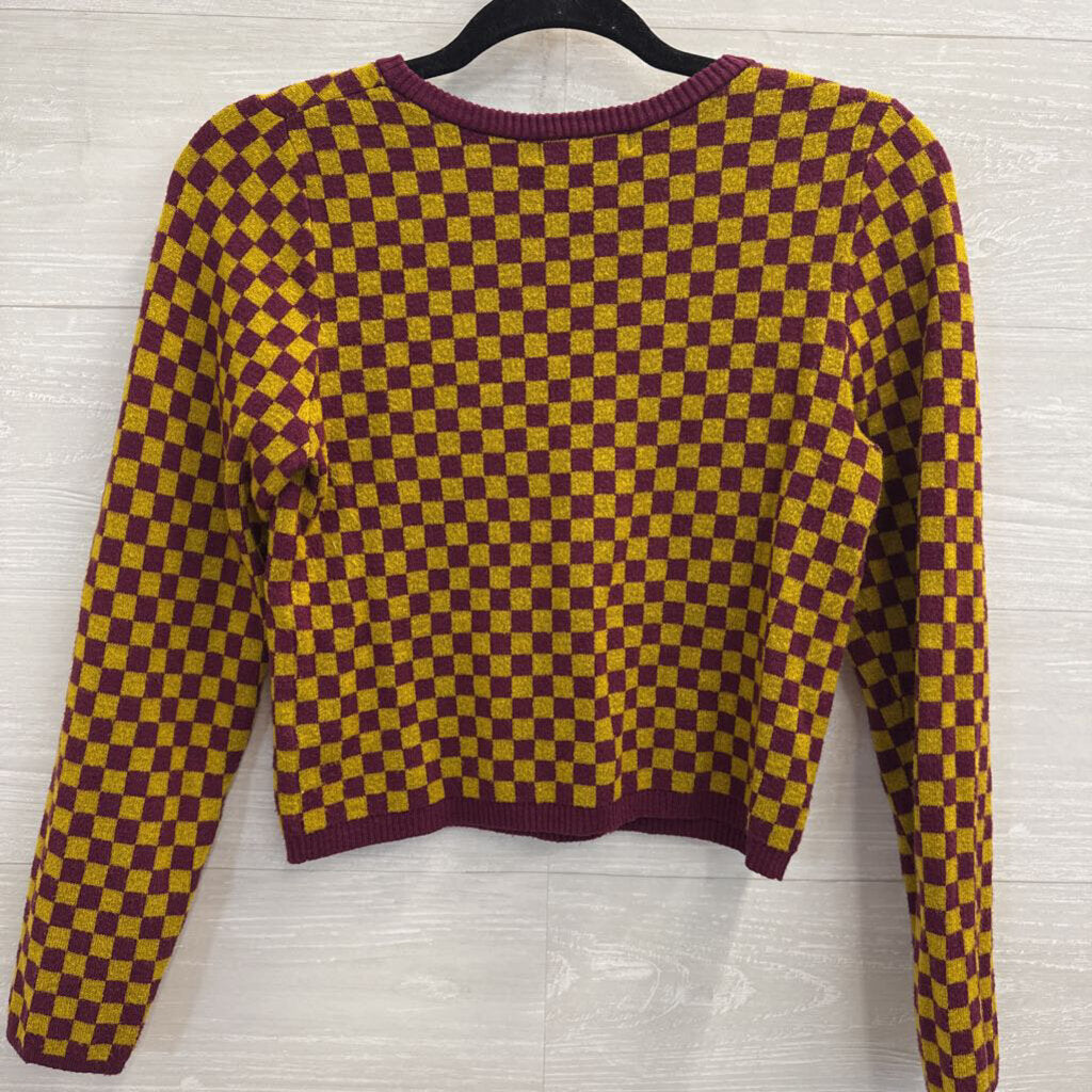 Day Dreamer Burgundy/ Yellow Checkered Cropped Sweater Top Medium