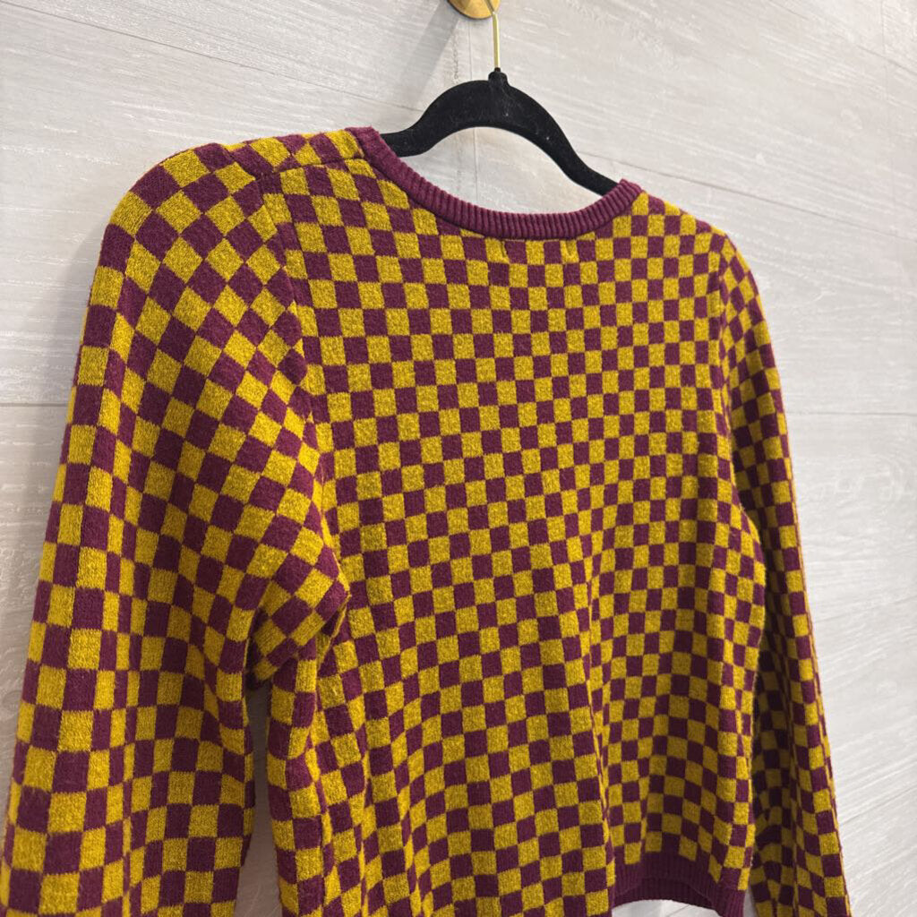 Day Dreamer Burgundy/ Yellow Checkered Cropped Sweater Top Medium