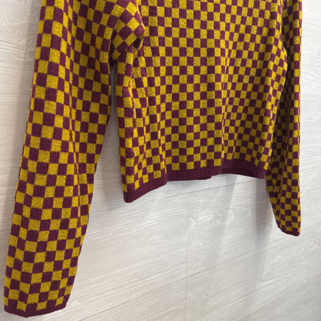 Day Dreamer Burgundy/ Yellow Checkered Cropped Sweater Top Medium
