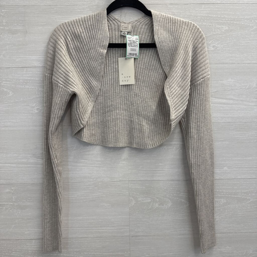 Grey Ribbed Cropped Over The Shoulder Sweater Top Small