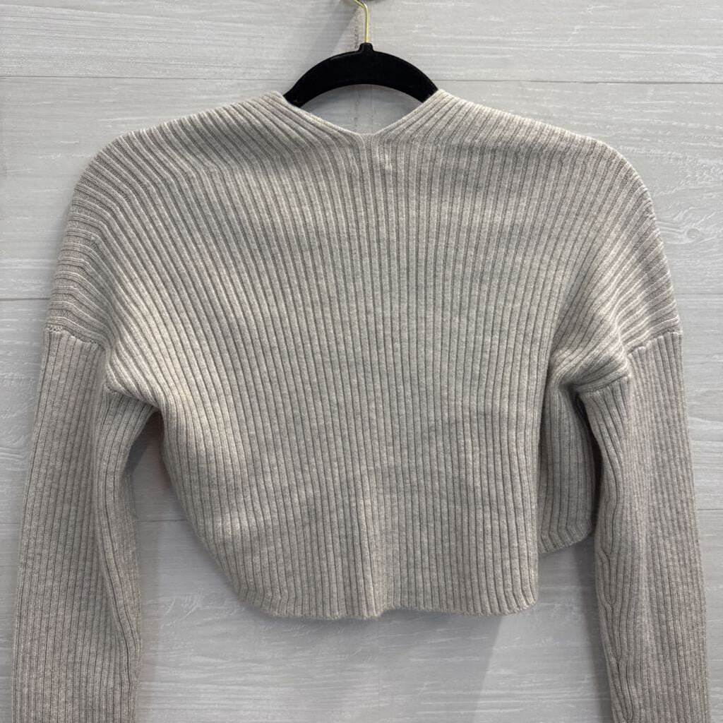 Grey Ribbed Cropped Over The Shoulder Sweater Top Small