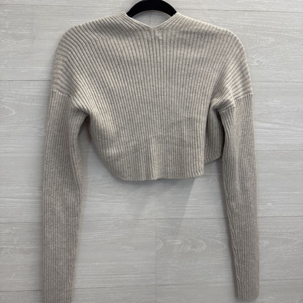 Grey Ribbed Cropped Over The Shoulder Sweater Top Small