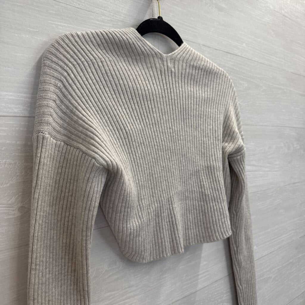 Grey Ribbed Cropped Over The Shoulder Sweater Top Small