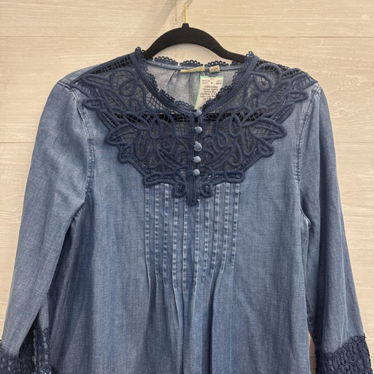 Holding Horses Blue Chambray Crochet Lace Long Sleeve Top 8
