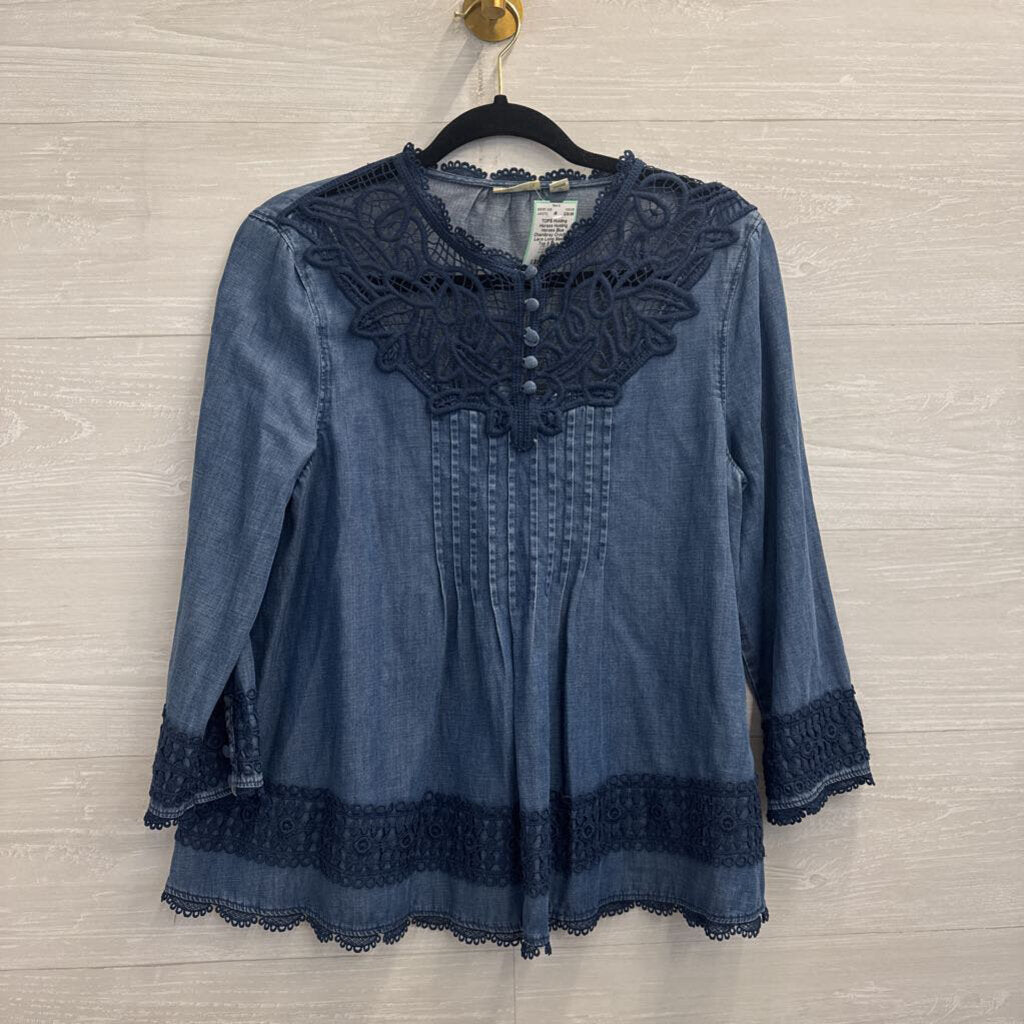 Holding Horses Blue Chambray Crochet Lace Long Sleeve Top 8