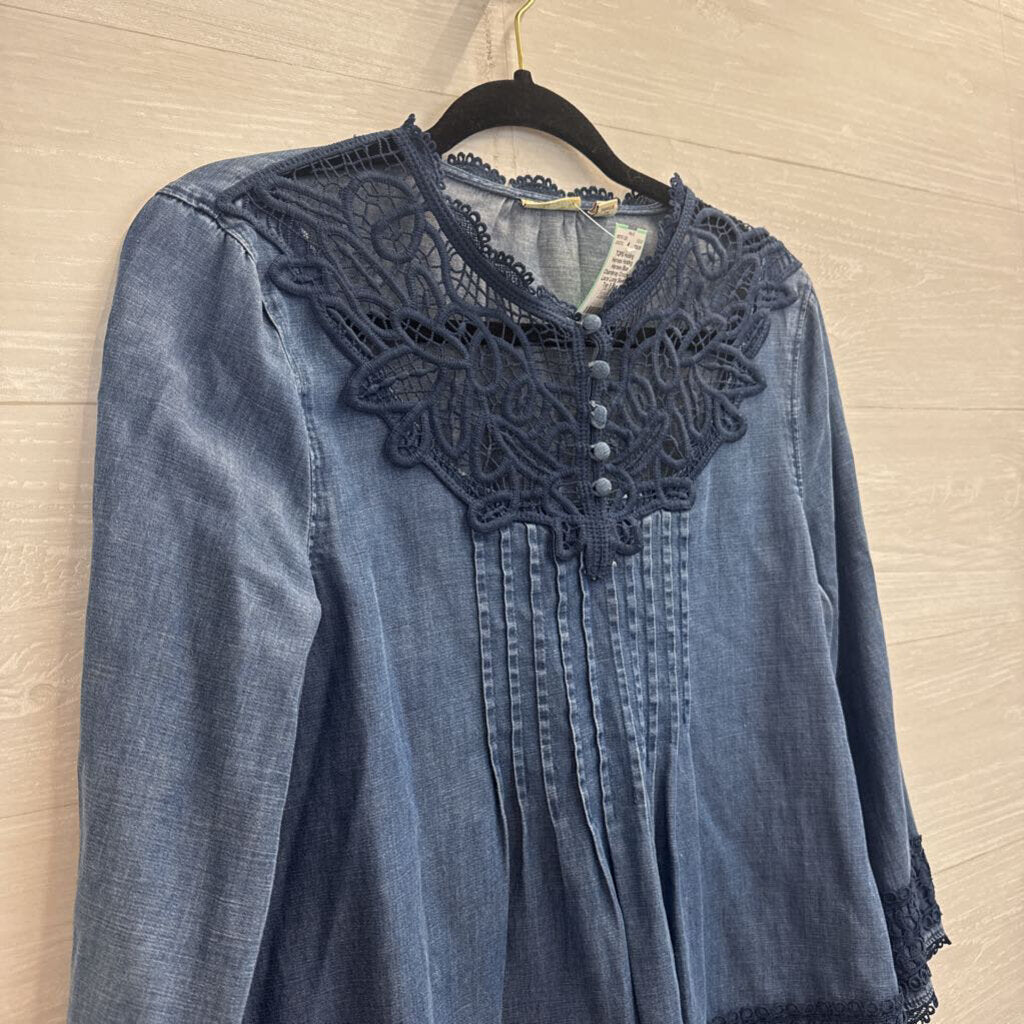 Holding Horses Blue Chambray Crochet Lace Long Sleeve Top 8