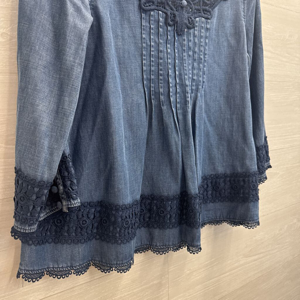 Holding Horses Blue Chambray Crochet Lace Long Sleeve Top 8