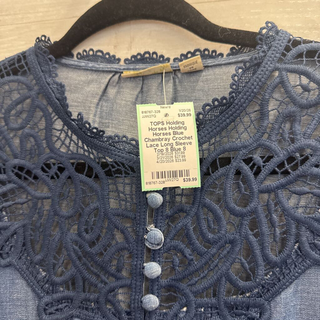 Holding Horses Blue Chambray Crochet Lace Long Sleeve Top 8