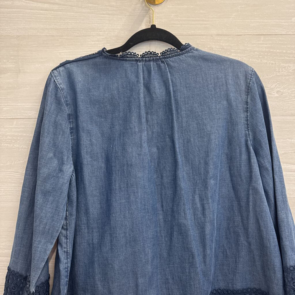 Holding Horses Blue Chambray Crochet Lace Long Sleeve Top 8
