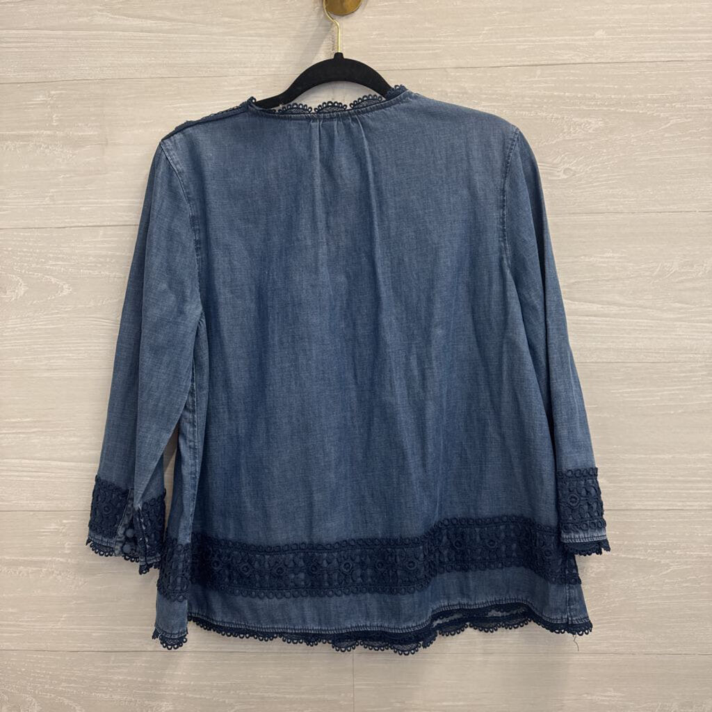 Holding Horses Blue Chambray Crochet Lace Long Sleeve Top 8