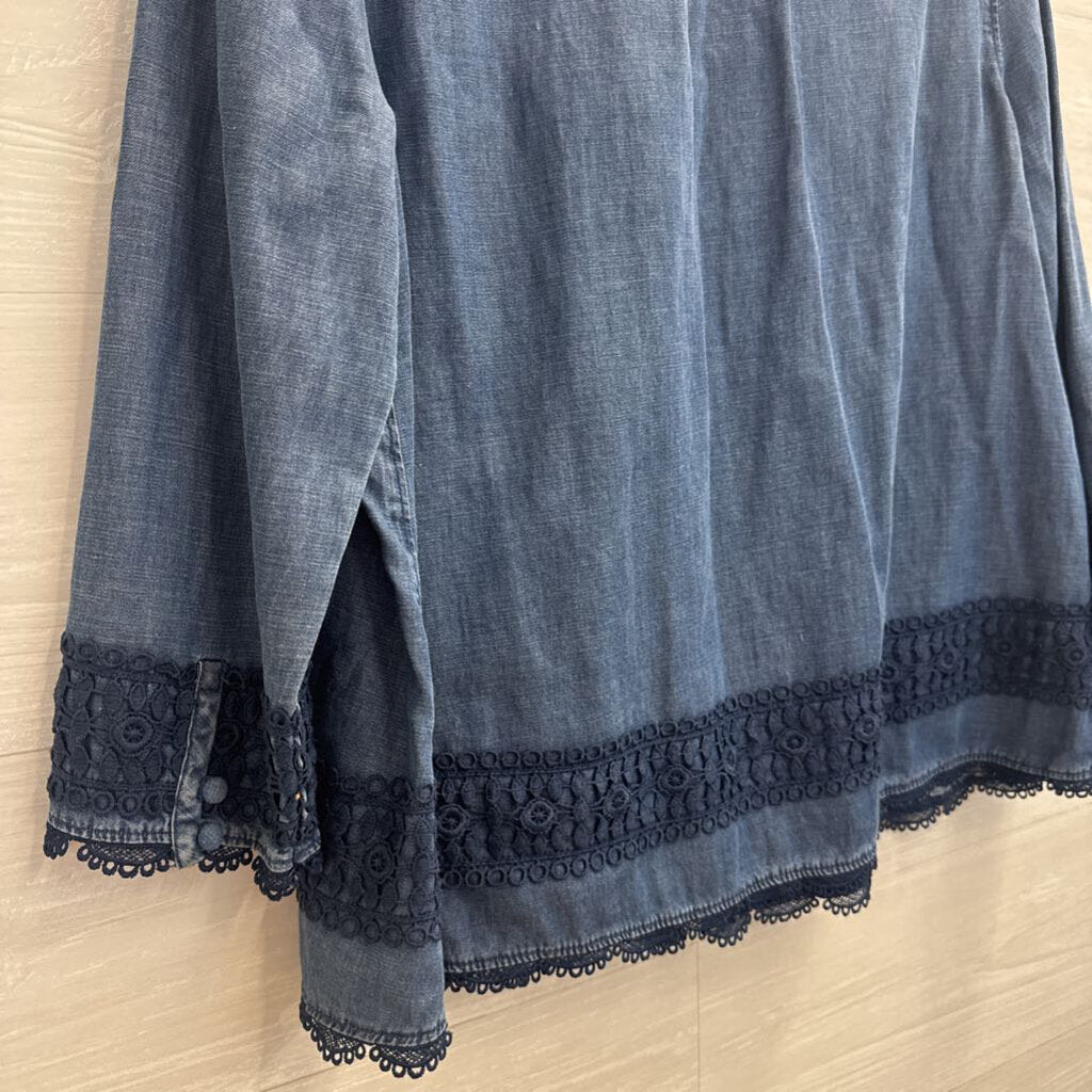 Holding Horses Blue Chambray Crochet Lace Long Sleeve Top 8