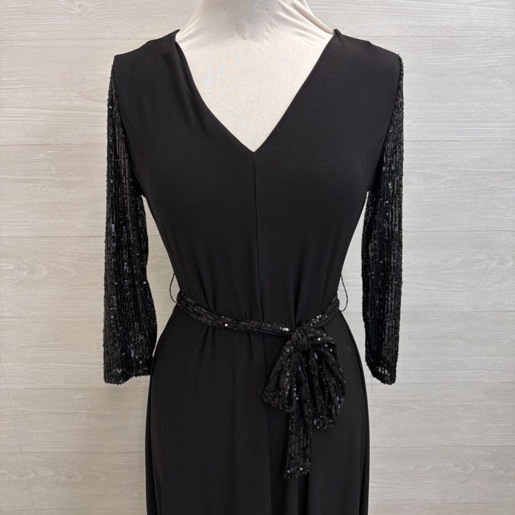 Chaus Black Sequin Long Sleeve Tie Wast Midi Dress Small