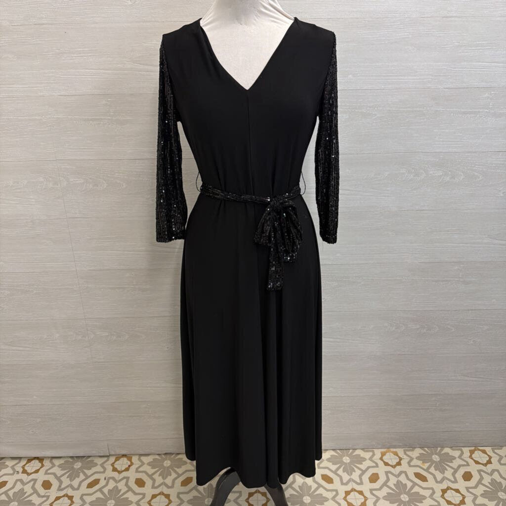 Chaus Black Sequin Long Sleeve Tie Wast Midi Dress Small