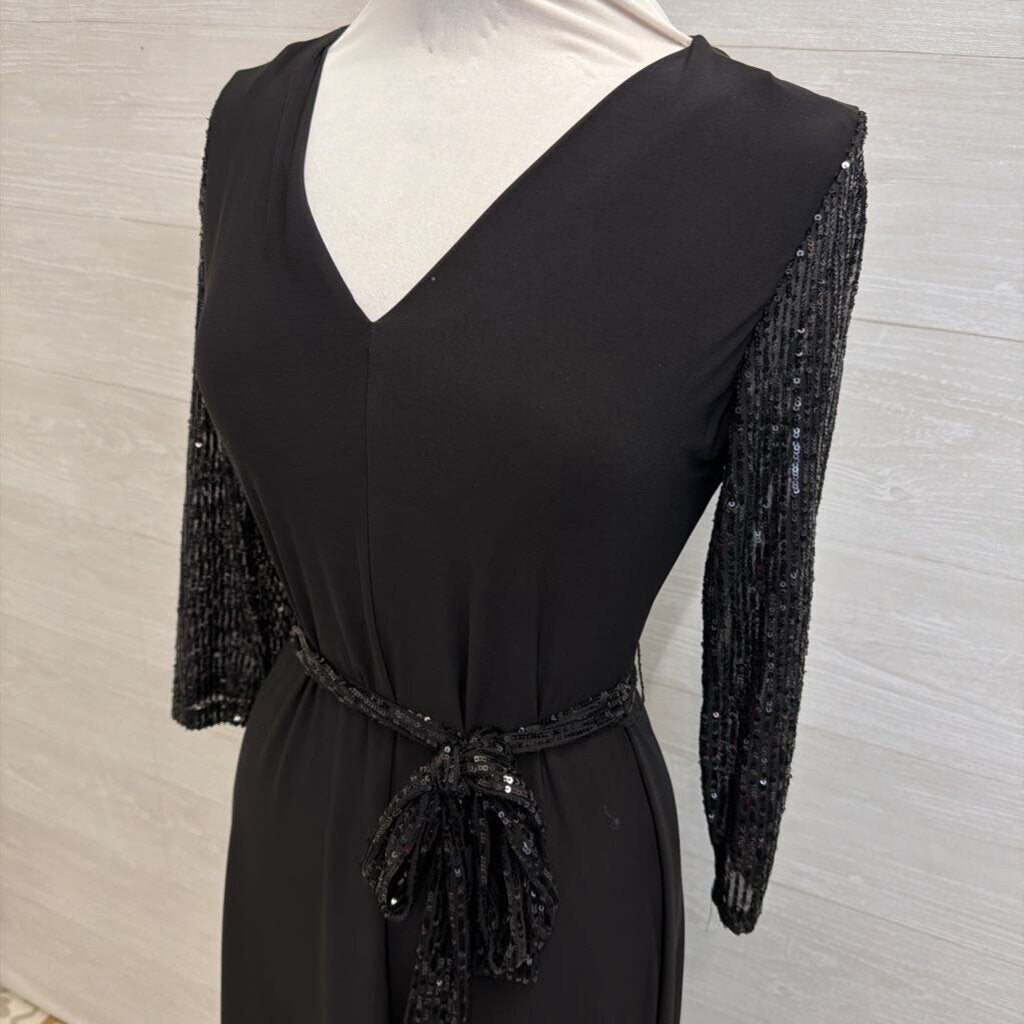 Chaus Black Sequin Long Sleeve Tie Wast Midi Dress Small