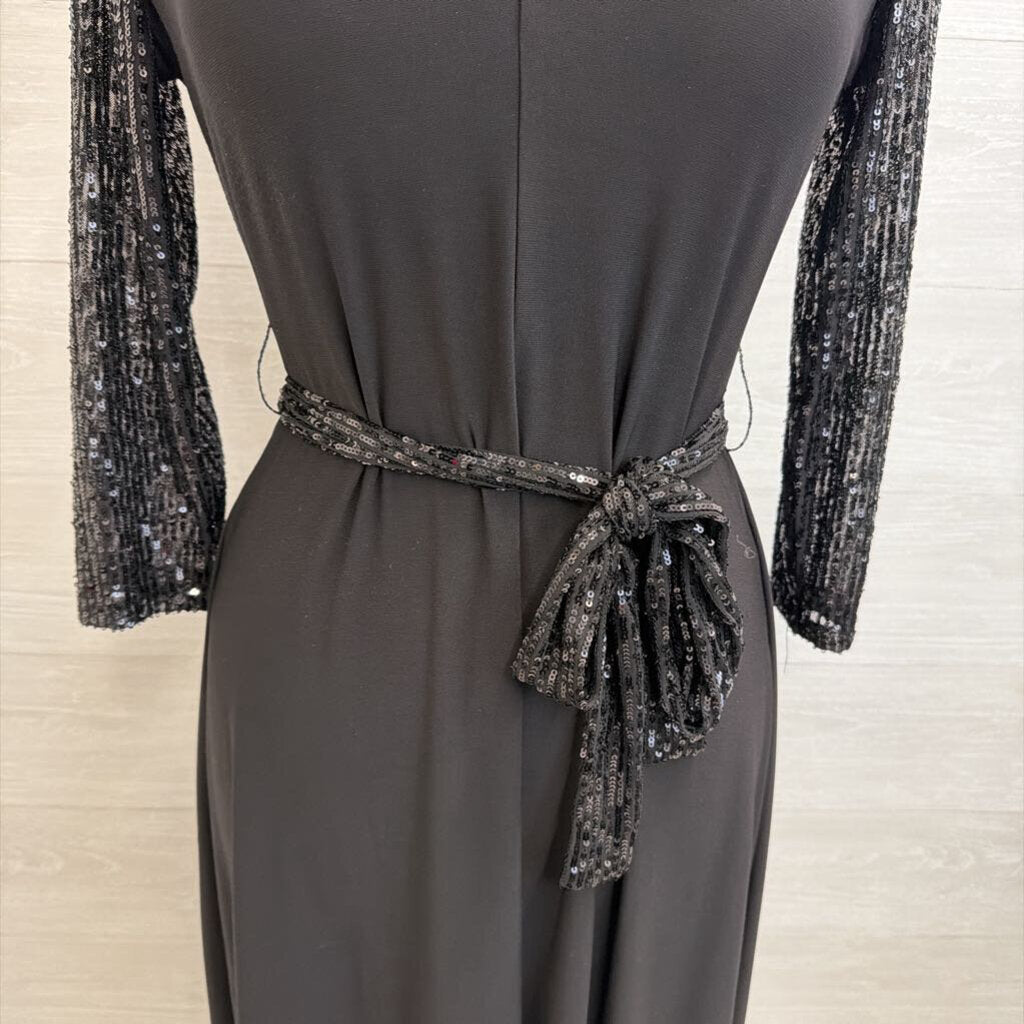 Chaus Black Sequin Long Sleeve Tie Wast Midi Dress Small