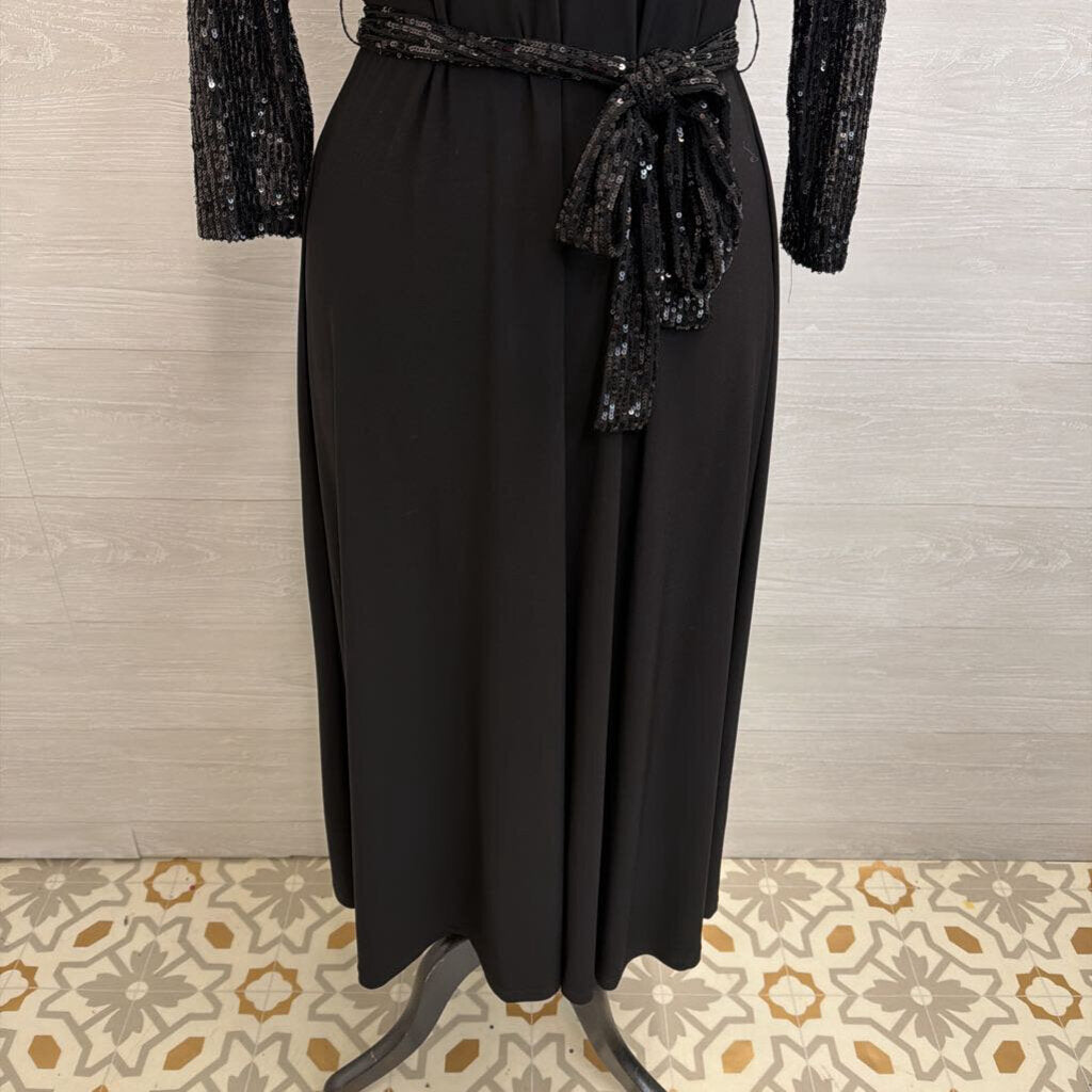 Chaus Black Sequin Long Sleeve Tie Wast Midi Dress Small