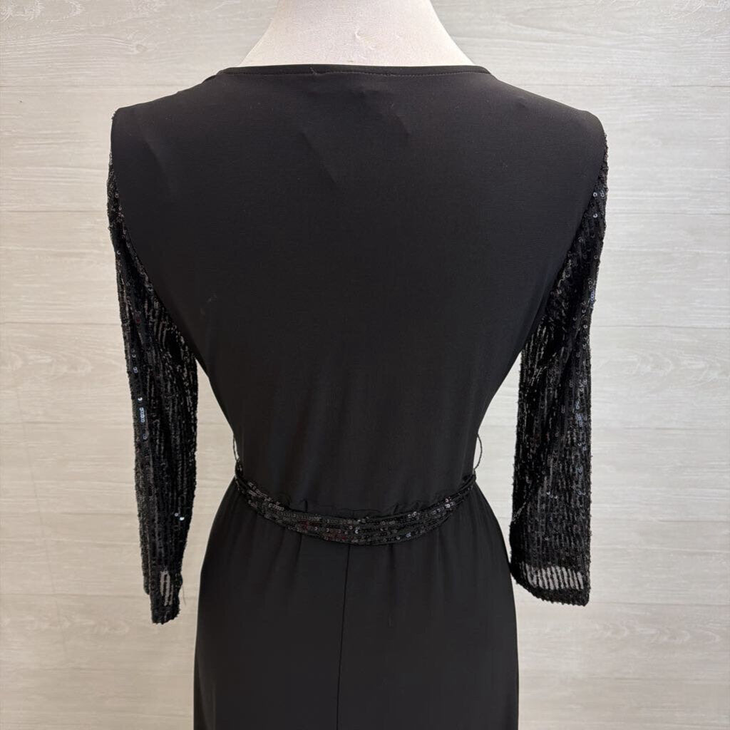 Chaus Black Sequin Long Sleeve Tie Wast Midi Dress Small