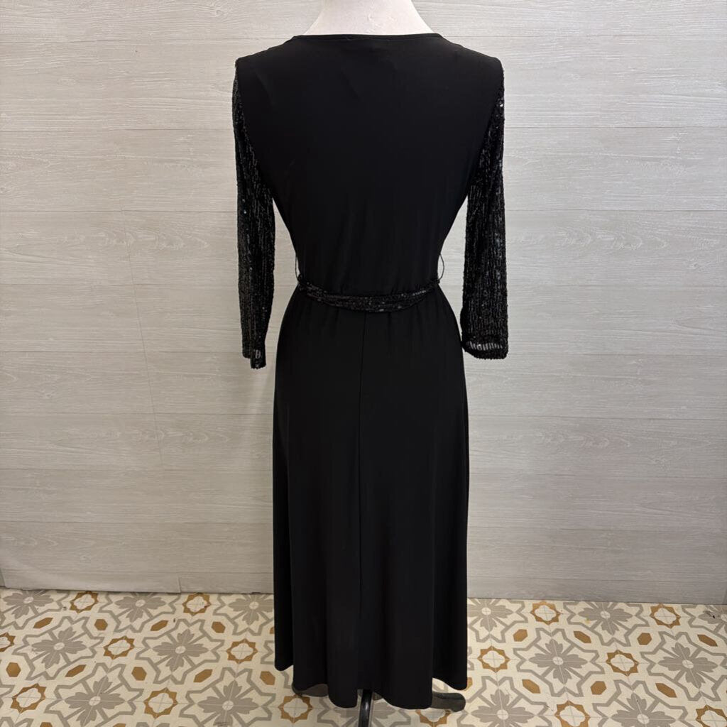 Chaus Black Sequin Long Sleeve Tie Wast Midi Dress Small