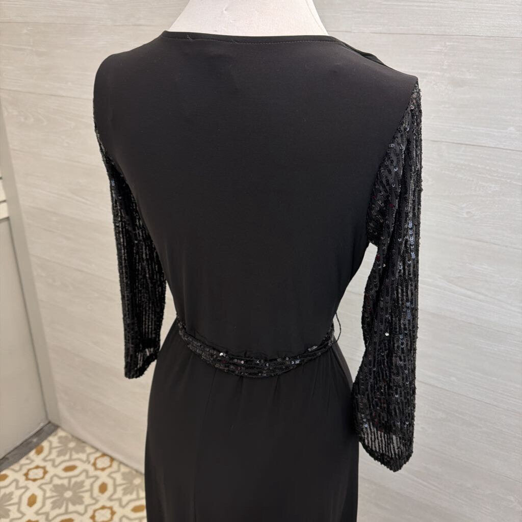 Chaus Black Sequin Long Sleeve Tie Wast Midi Dress Small