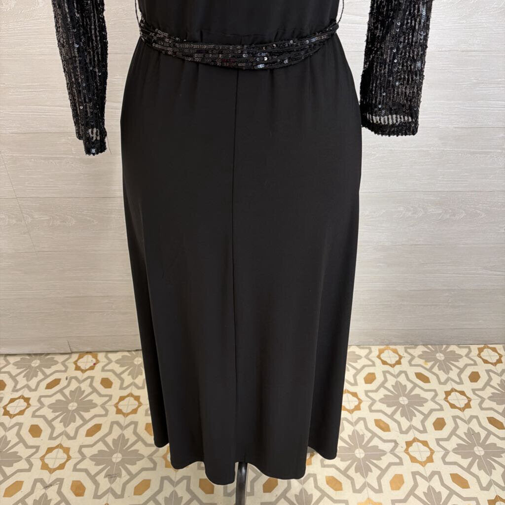 Chaus Black Sequin Long Sleeve Tie Wast Midi Dress Small