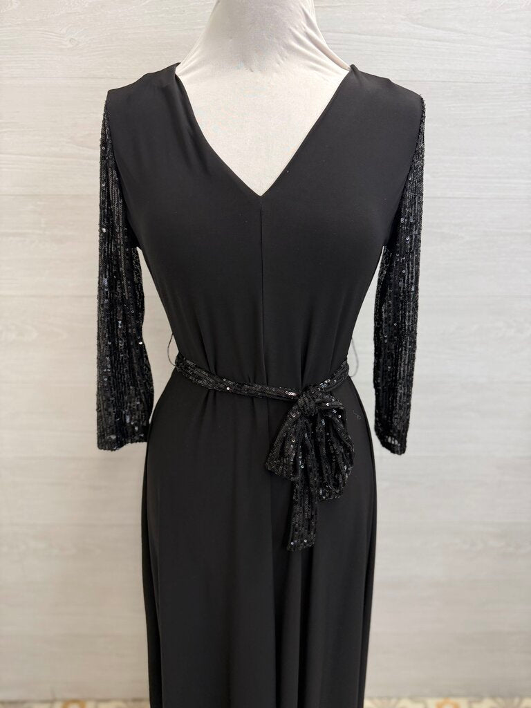 Chaus Black Sequin Long Sleeve Tie Wast Midi Dress Small