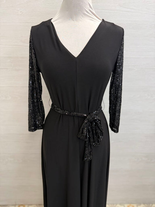 Chaus Black Sequin Long Sleeve Tie Wast Midi Dress Small