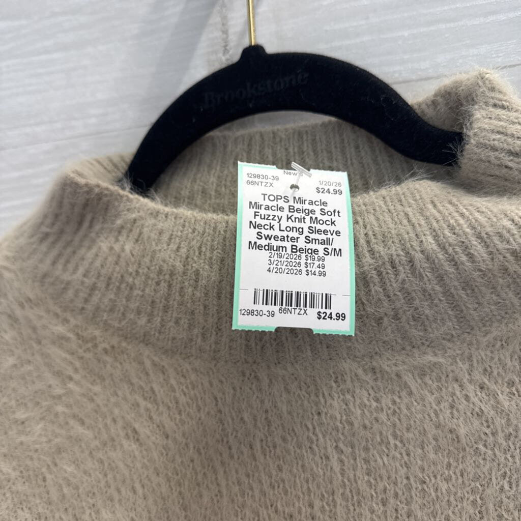 Miracle Beige Soft Fuzzy Knit Mock Neck Long Sleeve Sweater Small/ Medium