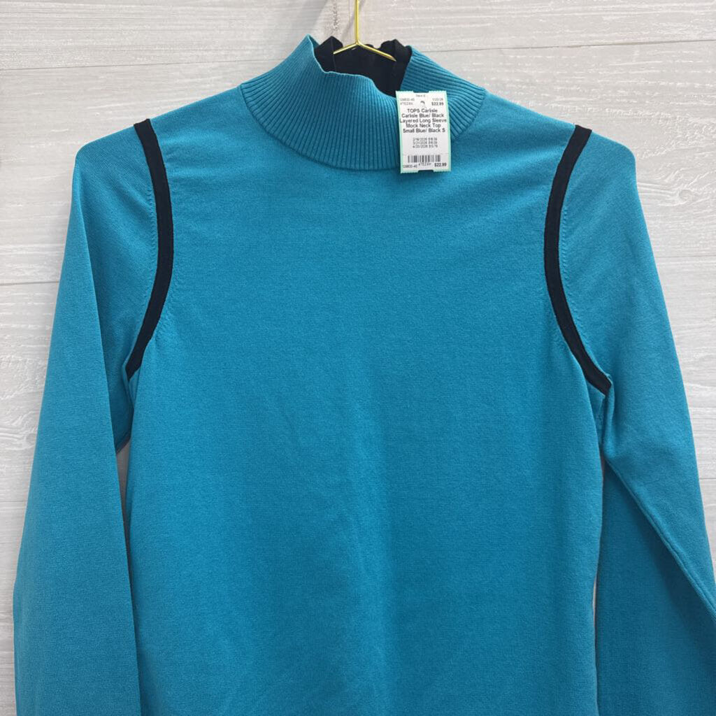 Carlisle Blue/ Black Layered Long Sleeve Mock Neck Top Small