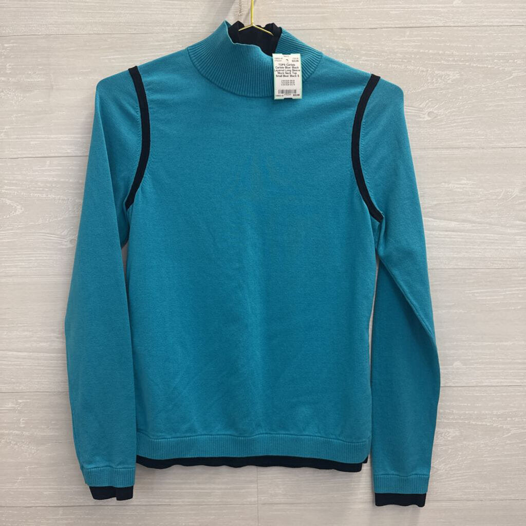 Carlisle Blue/ Black Layered Long Sleeve Mock Neck Top Small