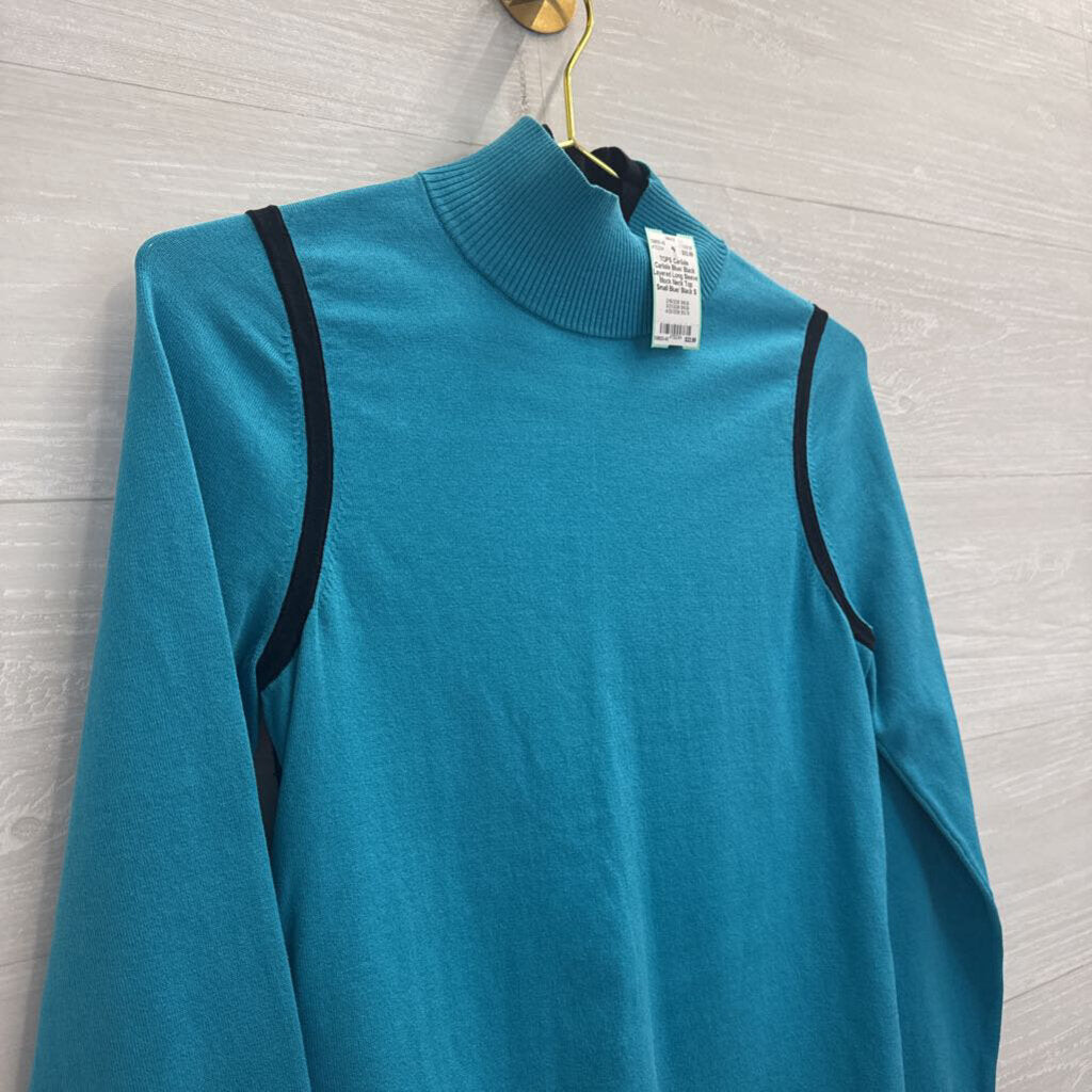 Carlisle Blue/ Black Layered Long Sleeve Mock Neck Top Small