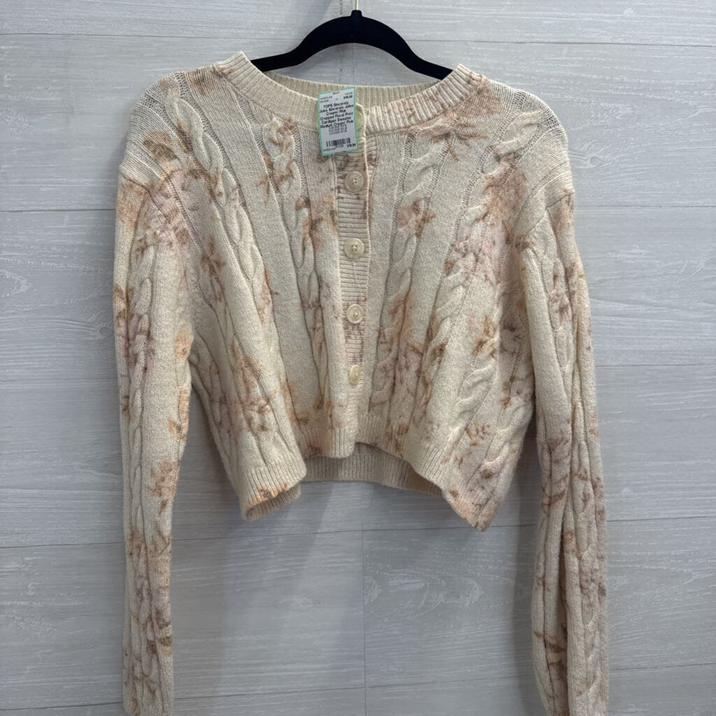 Sincerely Jules Cream/ Pink Cropped Floral Print Cardigan Sweater Medium