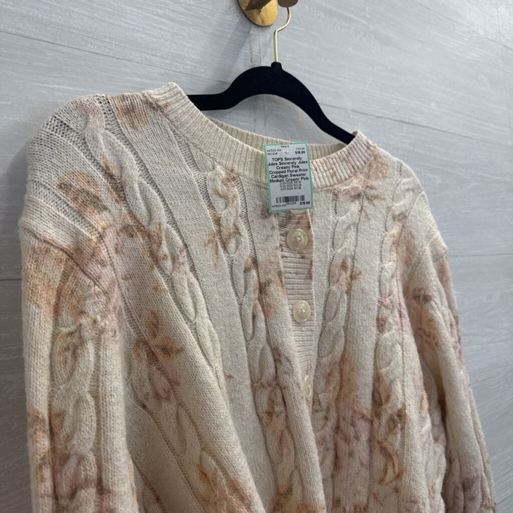 Sincerely Jules Cream/ Pink Cropped Floral Print Cardigan Sweater Medium