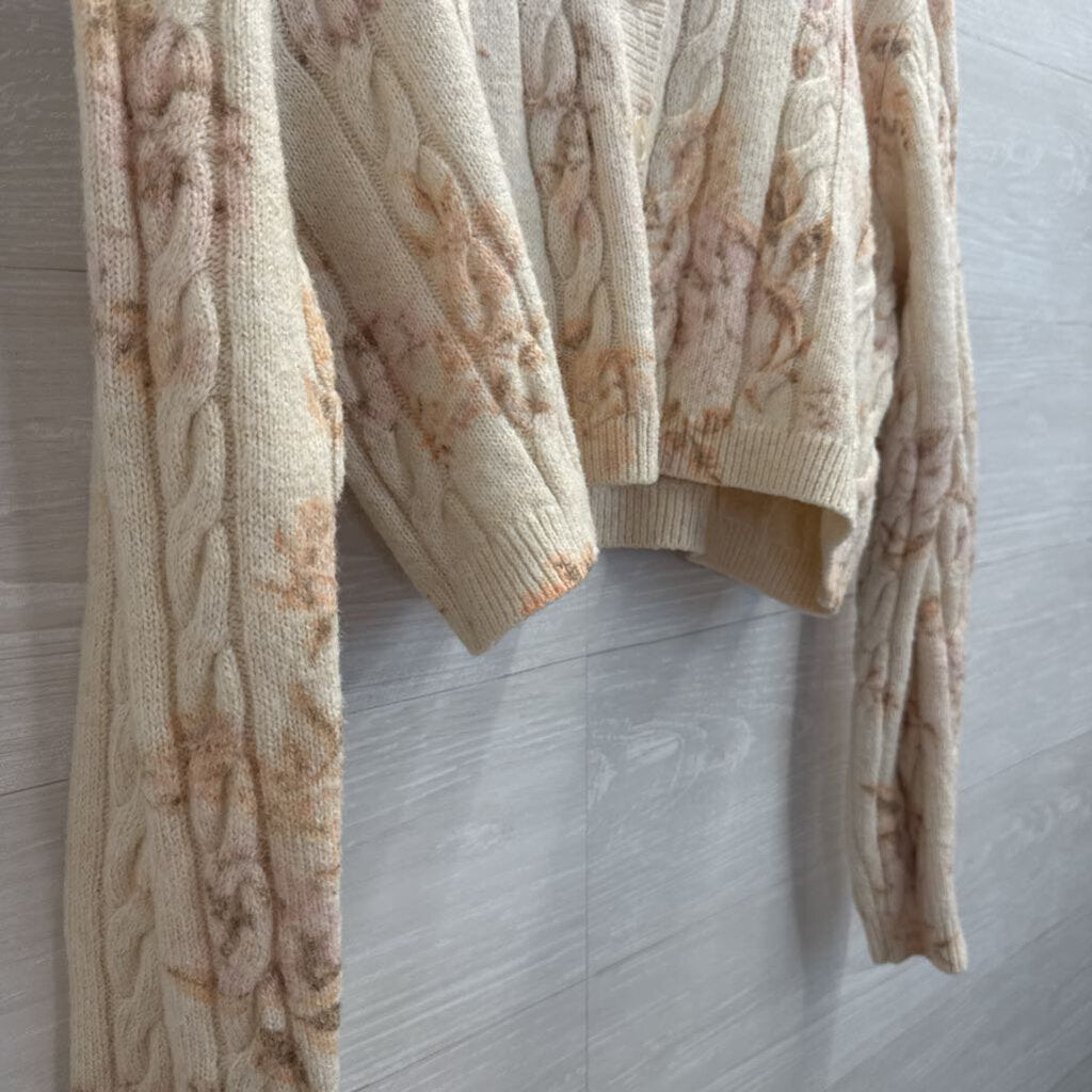 Sincerely Jules Cream/ Pink Cropped Floral Print Cardigan Sweater Medium