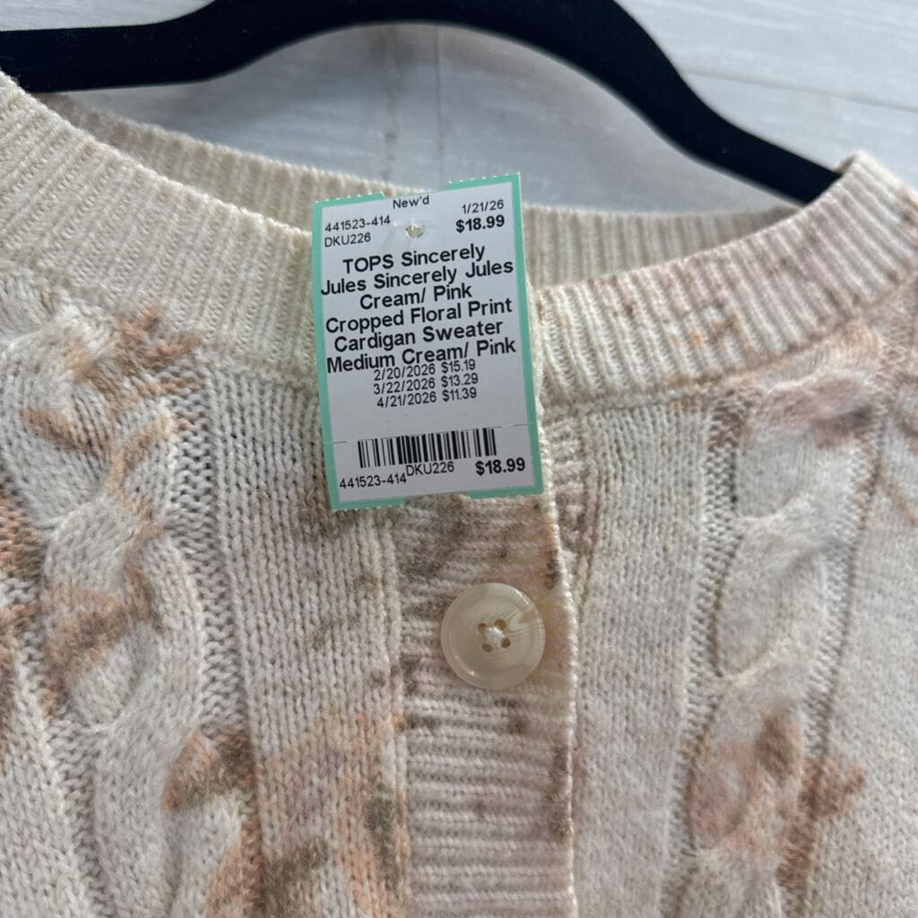 Sincerely Jules Cream/ Pink Cropped Floral Print Cardigan Sweater Medium