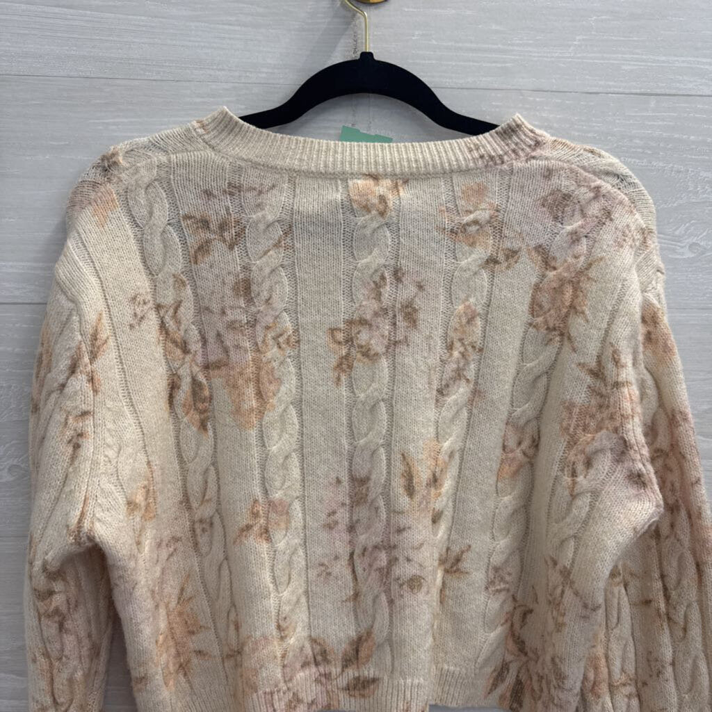 Sincerely Jules Cream/ Pink Cropped Floral Print Cardigan Sweater Medium