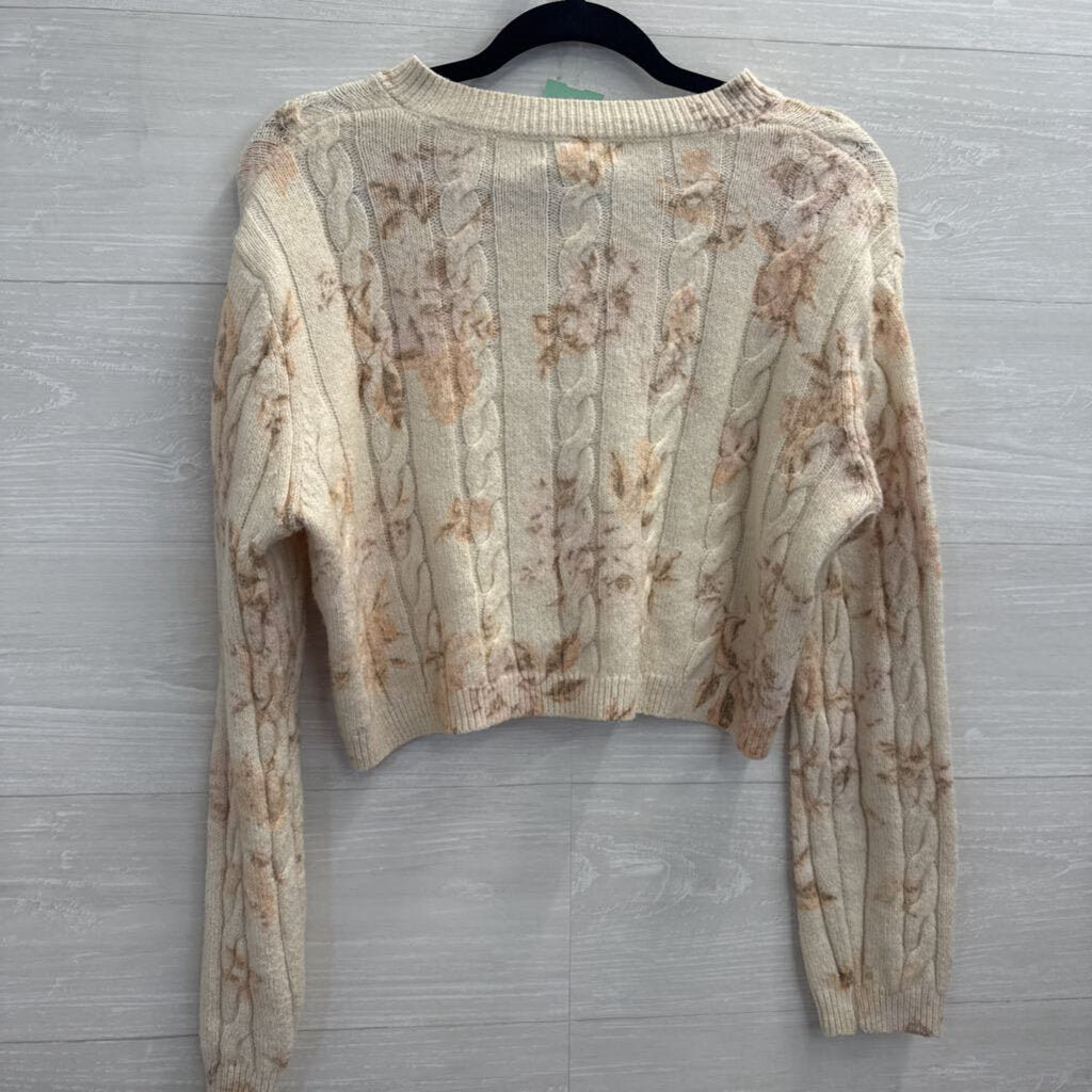 Sincerely Jules Cream/ Pink Cropped Floral Print Cardigan Sweater Medium