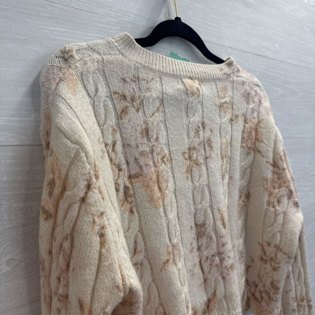 Sincerely Jules Cream/ Pink Cropped Floral Print Cardigan Sweater Medium