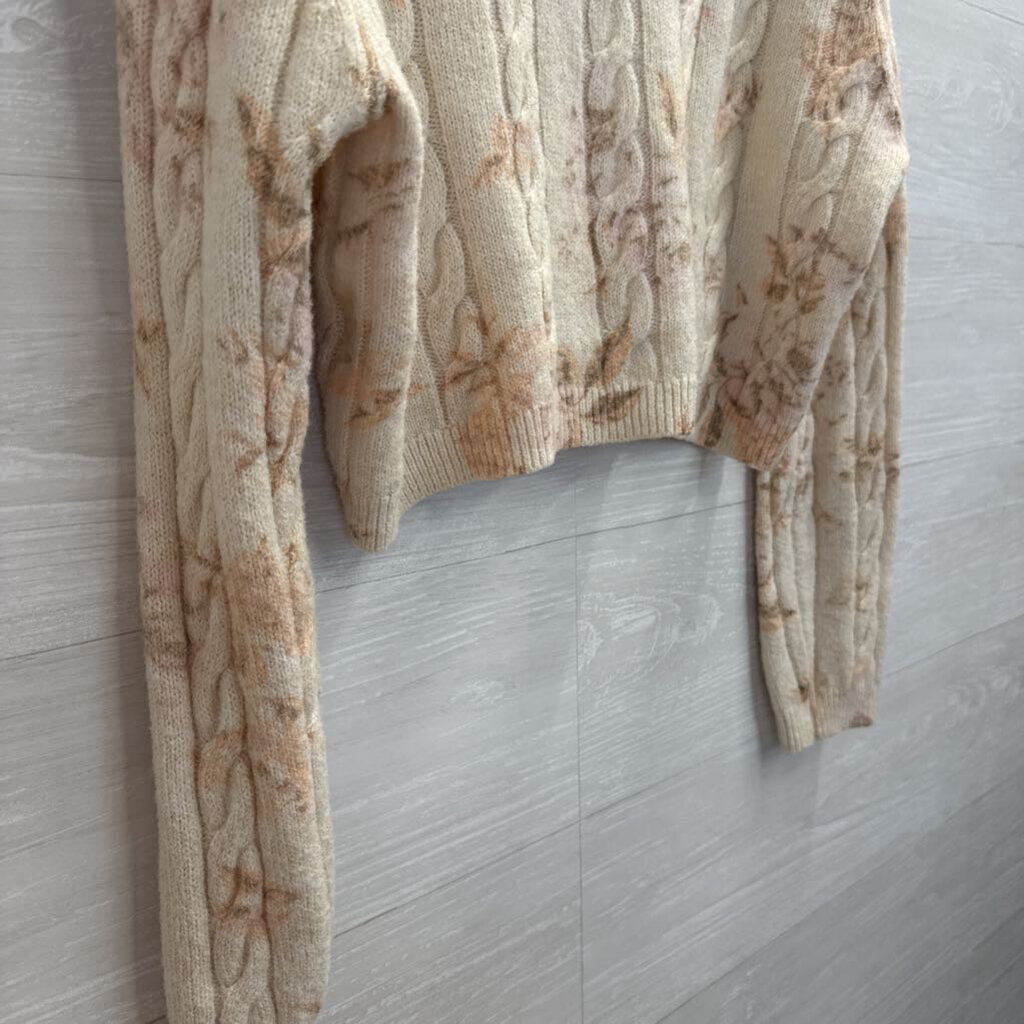 Sincerely Jules Cream/ Pink Cropped Floral Print Cardigan Sweater Medium