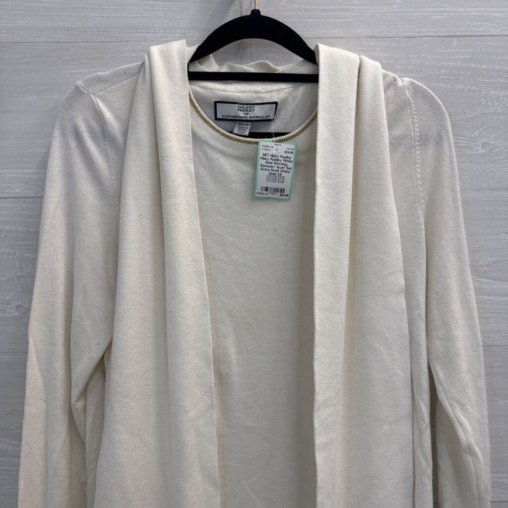 Hilary Radley White/ Gold Stitching Sweater/ Scarf Set Extra Small