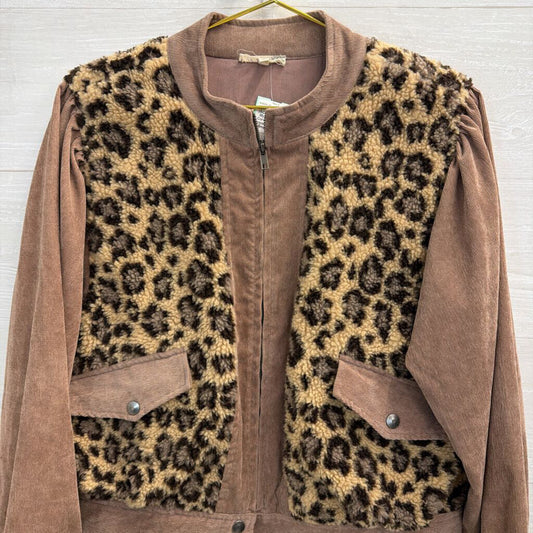 Mystree Brown Corduroy/ Fleece Leopard Print Jacket Small