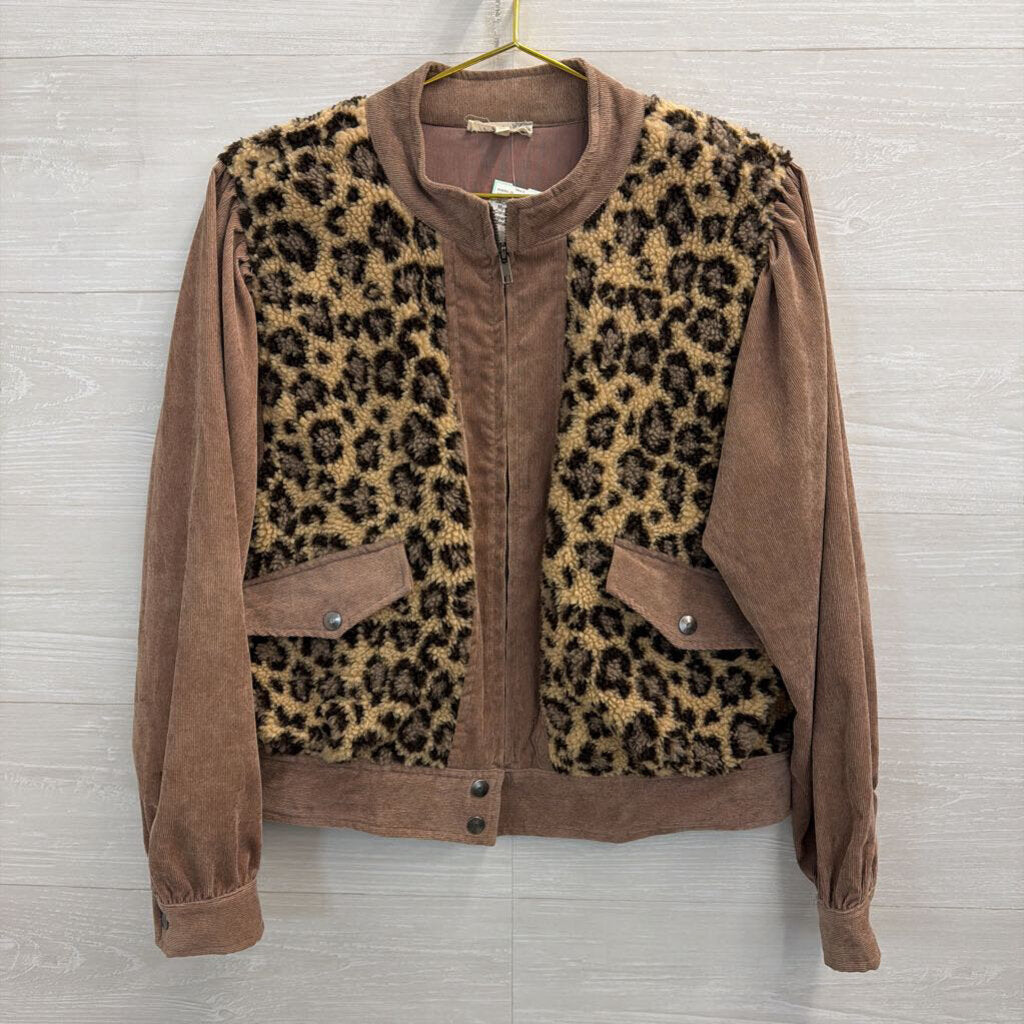 Mystree Brown Corduroy/ Fleece Leopard Print Jacket Small