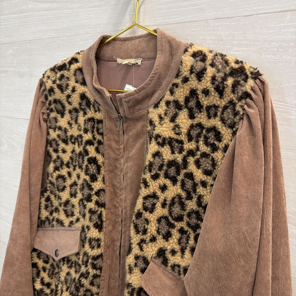Mystree Brown Corduroy/ Fleece Leopard Print Jacket Small