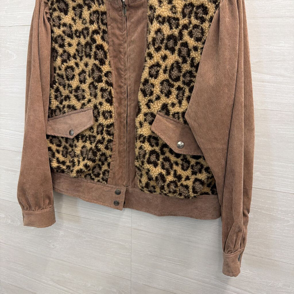 Mystree Brown Corduroy/ Fleece Leopard Print Jacket Small